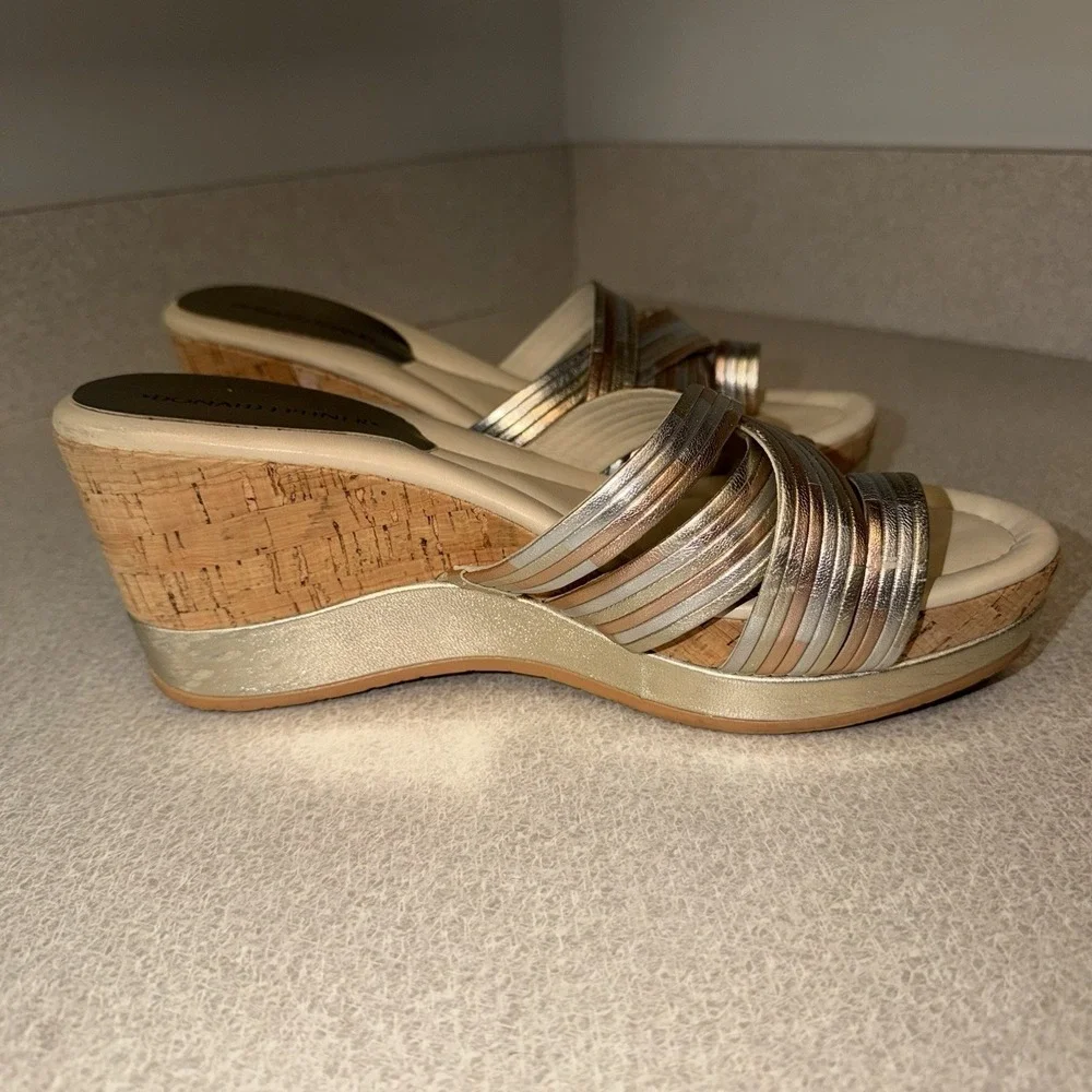 Donald Pliner Lettie Metallic Toe Loop Wedge Sandals Gold Silver‎ Rose Size 9 M